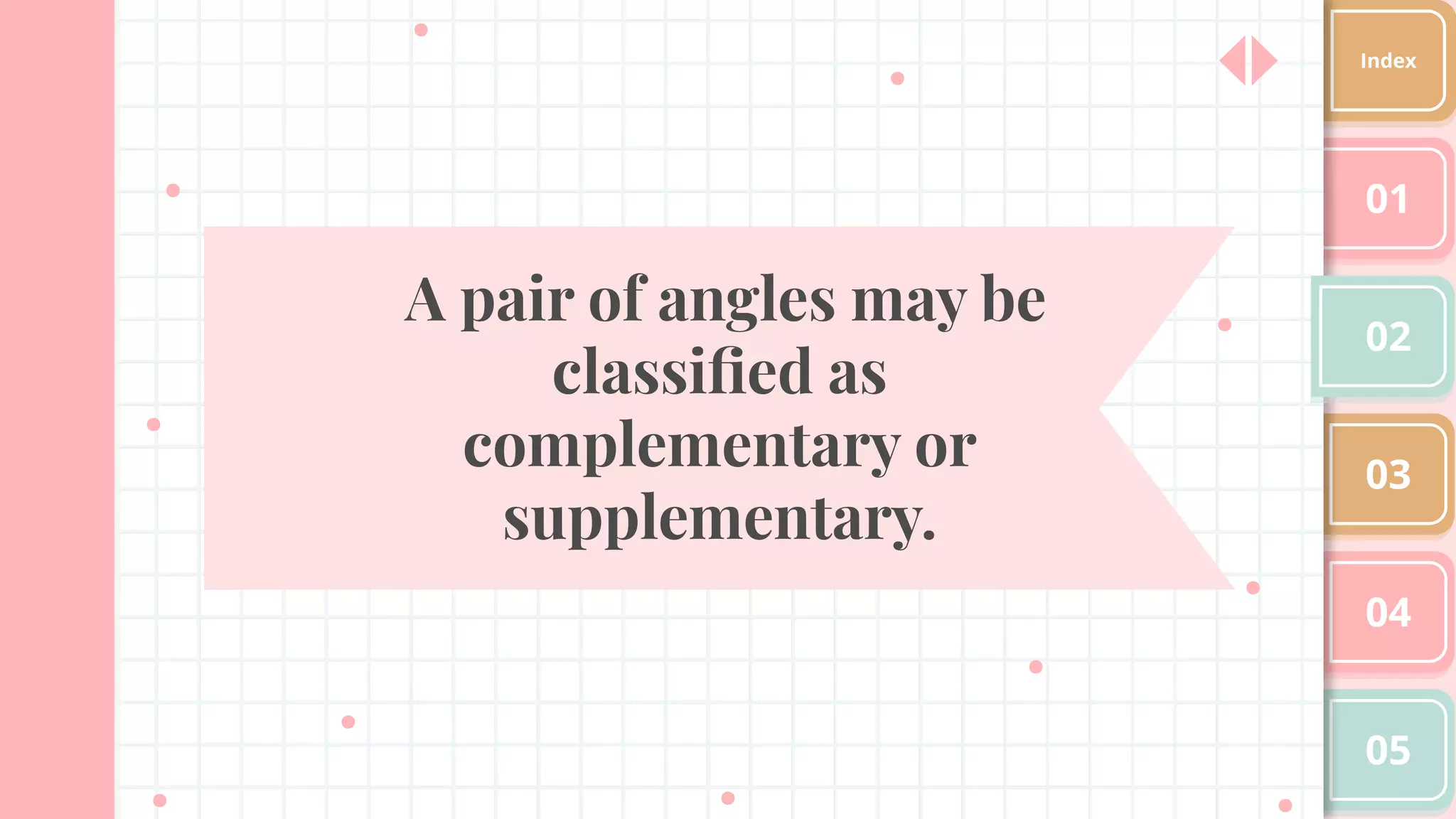A pair of angles may be
classiﬁed as
complementary or
supplementary.
01
02
03
04
05
Index
 