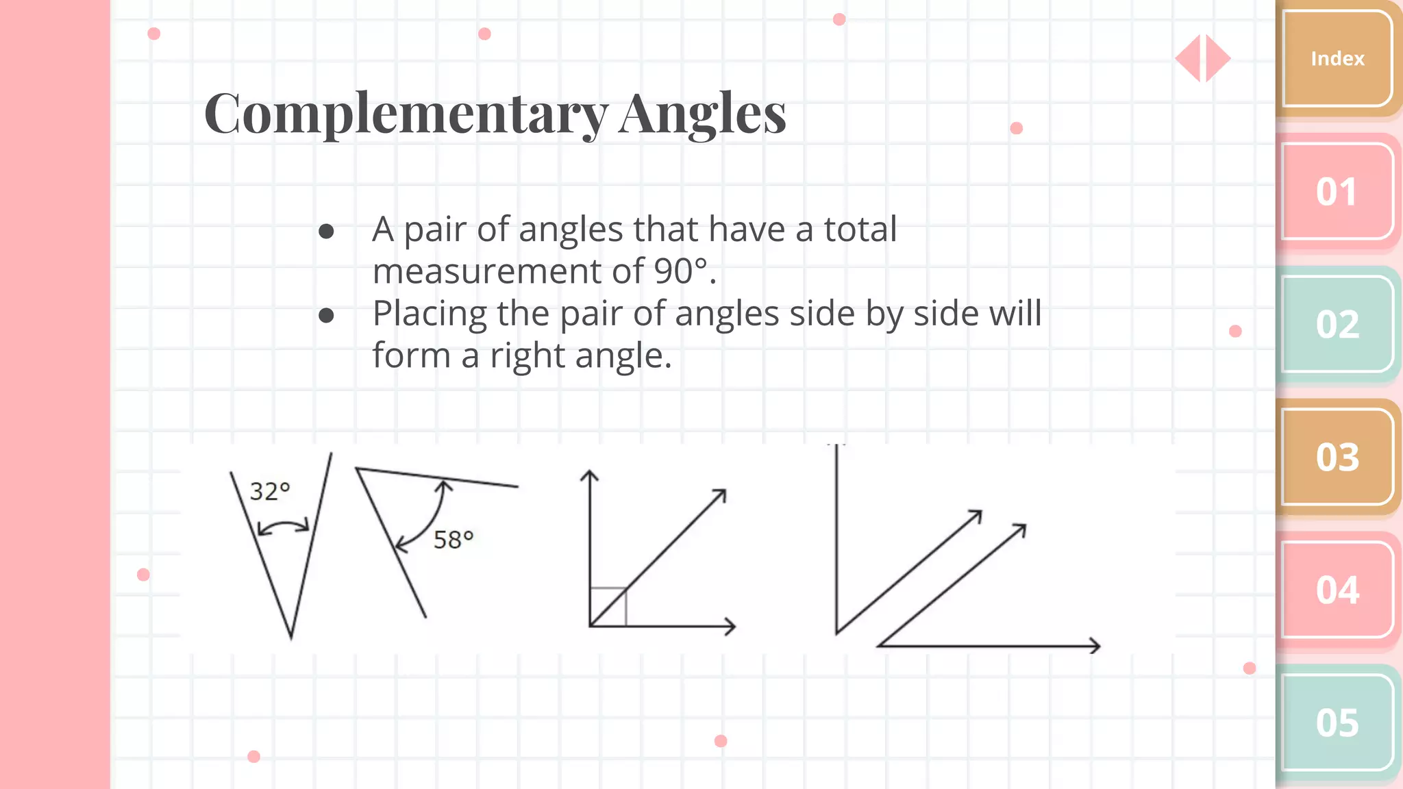 Complementary Angles
● A pair of angles that have a total
measurement of 90°.
● Placing the pair of angles side by side will
form a right angle.
01
02
03
04
05
Index
 