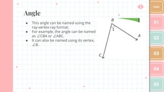 Angle
● This angle can be named using the
ray-vertex-ray format.
● For example, the angle can be named
as ∠CBA or ∠ABC.
● It can also be named using its vertex,
∠B.
01
02
03
04
05
Index
 