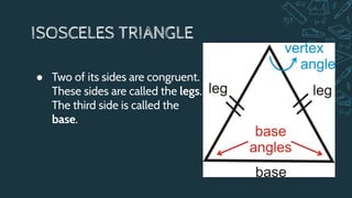 ISOSCELES TRIANGLE
● Two of its sides are congruent.
These sides are called the legs.
The third side is called the
base.
 