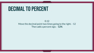 Decimal to percent
0.12
Move the decimal point two times going to the right. - 12
Then add a percent sign. - 12%
 