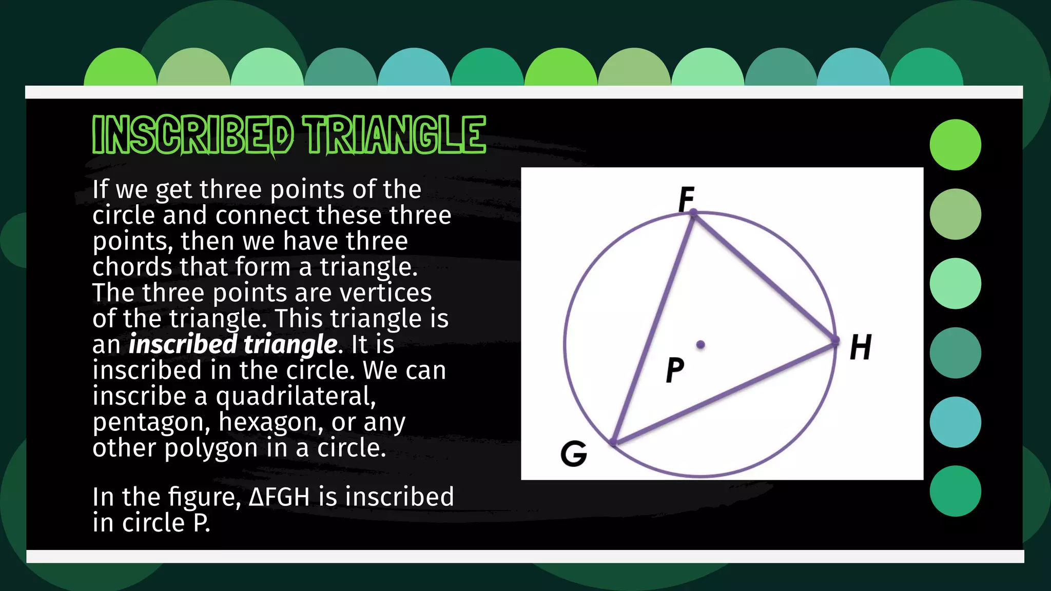 If we get three points of the
circle and connect these three
points, then we have three
chords that form a triangle.
The three points are vertices
of the triangle. This triangle is
an inscribed triangle. It is
inscribed in the circle. We can
inscribe a quadrilateral,
pentagon, hexagon, or any
other polygon in a circle.
In the ﬁgure, ∆FGH is inscribed
in circle P.
INSCRIBED TRIANGLE
 