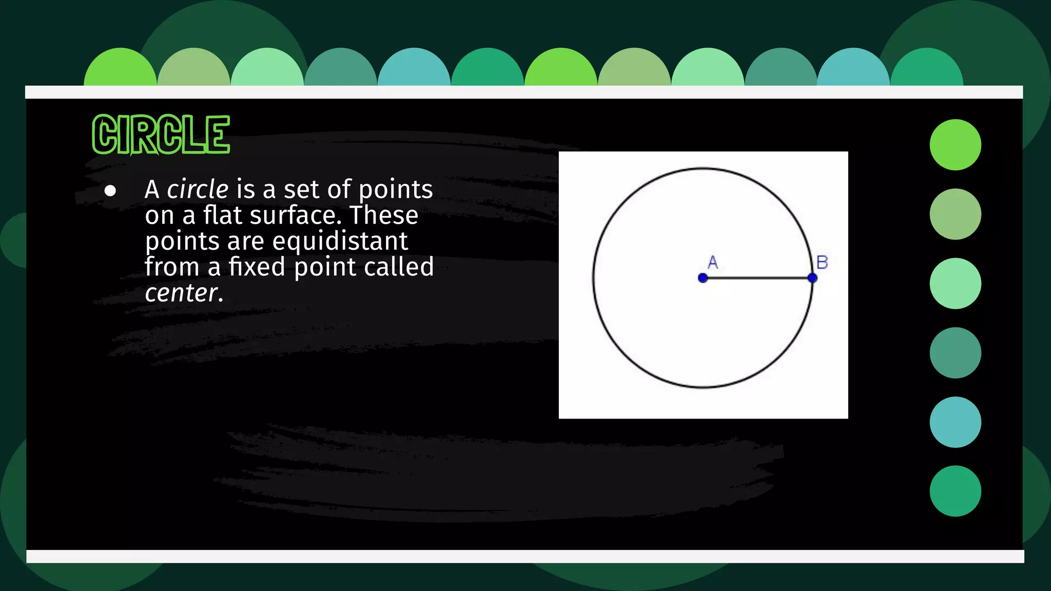 CIRCLE
● A circle is a set of points
on a ﬂat surface. These
points are equidistant
from a ﬁxed point called
center.
 
