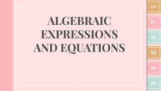ALGEBRAIC
EXPRESSIONS
AND EQUATIONS
01
02
03
04
05
Index
 