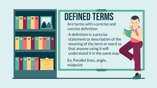 07 08 09 10 11 12
02 03 04 05
17 18 19 20 21 22
13 14 15 16
Are terms with a precise and
concise deﬁnition.
defined terms
06
01
A deﬁnition is a precise
statement or description of the
meaning of the term or word so
that anyone using it will
understand it in the same way.
Ex. Parallel lines, angle,
midpoint
 