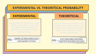 EXPERIMENTAL VS. THEORITICAL PROBABILITY
EXPERIMENTAL
A box contains 6 red marbles, 3 blue
marbles, and 1 yellow marble. Find
the experimental probability of
getting a blue marble ii we draw
marbles 5 times.
THEORITICAL
A box contains 6 red marbles, 3 blue
marbles, and 1 yellow marble. If you
pick one one marble from the box,
what is the probability that the
marble would be red?
 