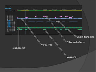 Video files
Titles and effects
Music audio
Narration
Audio from clips
 
