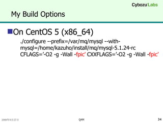 My Build Options On CentOS 5 (x86_64) ./configure --prefix=/var/mq/mysql --with-mysql=/home/kazuho/install/mq/mysql-5.1.24-rc CFLAGS=’-O2 -g -Wall - fpic’  CXXFLAGS=’-O2 -g -Wall - fpic’ 