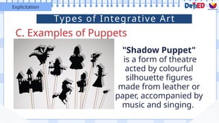 C. Examples of Puppets
Explicitation
"Shadow Puppet"
is a form of theatre
acted by colourful
silhouette figures
made from leather or
paper, accompanied by
music and singing.
Types of Integrative Art
 