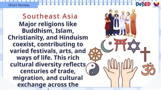 Southeast Asia
Major religions like
Buddhism, Islam,
Christianity, and Hinduism
coexist, contributing to
varied festivals, arts, and
ways of life. This rich
cultural diversity reflects
centuries of trade,
migration, and cultural
exchange across the
Short Review
 