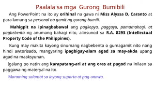 Ang PowerPoint na ito ay orihinal na gawa ni Miss Alyssa D. Caranto at
para lamang sa personal na gamit ng gurong bumili.
Mahigpit na ipinagbabawal ang pagkopya, paggaya, pamamahagi, at
pagbebenta ng anumang bahagi nito, alinsunod sa R.A. 8293 (Intellectual
Property Code of the Philippines).
Kung may makita kayong sinumang nagbebenta o gumagamit nito nang
hindi awtorisado, mangyaring ipagbigay-alam agad sa may-akda upang
agad na maaksyunan.
Igalang po natin ang karapatang-ari at ang oras at pagod na inilaan sa
paggawa ng materyal na ito.
Maraming salamat sa inyong suporta at pag-unawa.
Paalala sa mga Gurong Bumibili
 