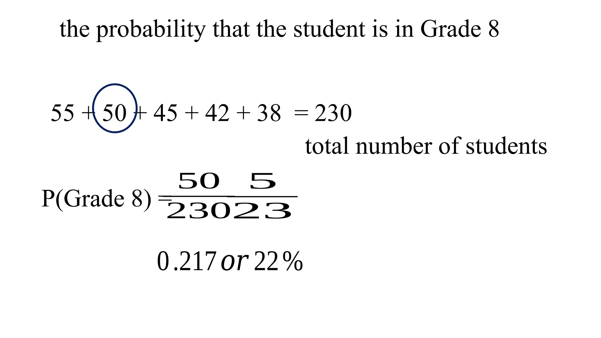 55 + 50 + 45 + 42 + 38 = 230
total number of students
P(Grade 8) =
50
230
5
23
0.217𝑜𝑟 22%
the probability that the student is in Grade 8
 