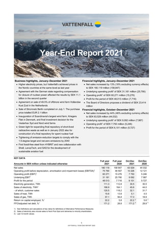 1
VATTENFALL YEAR-END REPORT 2020
Year-End Report 2021
KEY DATA
Full year Full year Oct-Dec Oct-Dec
Amounts in SEK million unless indicated otherwise 2021 2020 2021 2020
Net sales 180 119 158 847 63 529 44 032
Operating profit before depreciation, amortisation and impairment losses (EBITDA)1
75 790 46 507 10 226 12 121
Operating profit (EBIT)1
60 271 15 276 7 750 5 246
Underlying EBIT1
31 181 25 790 9 092 7 987
Profit for the period 48 013 7 716 6 101 5 727
Electricity generation, TWh 111.3 112.8 30.5 30.5
Sales of electricity, TWh2
168.9 164.1 45.6 44.0
- of which, customer sales 120.5 118.2 32.1 31.7
Sales of heat, TWh 15.6 13.8 5.1 4.5
Sales of gas, TWh 57.1 56.8 17.3 18.9
Return on capital employed, %1
22.2 5.8 22.2 3
5.8 3
FFO/adjusted net debt, %1
171.2 28.8 171.2 3
28.8 3
1) See Definitions and calculations of key ratios for definitions of Alternative Performance Measures.
2) Sales of electricity also include sales to Nord Pool Spot and deliveries to minority shareholders.
3) Last 12-month values.
Business highlights, January–December 2021
• Higher electricity prices, but Vattenfall’s achieved prices in
the Nordic countries at the same level as last year
• Agreement with the German state regarding compensation
for closure of nuclear power affected the results by SEK 11.1
billion in the second quarter
• Agreement on sale of 49.5% of offshore wind farm Hollandse
Kust Zuid in the Netherlands
• Sale of Stromnetz Berlin completed on July 1. The purchase
price totalled EUR 2.1 billion
• Inauguration of Scandinavia's largest wind farm, Kriegers
Flak in Denmark, and final investment decision for the
Vesterhav Syd and Nord wind farms
• Green light for expanding final repository of short-lived
radioactive waste as well as in January 2022 also for
construction of a final repository for spent nuclear fuel
• Tightening of emission-reduction targets to comply with the
1.5-degree target and net-zero emissions by 2040
• First fossil-free steel from HYBRIT and new collaboration with
Shell, LanzaTech, and SAS for the development of
sustainable aviation fuel
Financial highlights, January–December 2021
• Net sales increased by 13% (16% excluding currency effects)
to SEK 180,119 million (158,847)
• Underlying operating profit1
of SEK 31,181 million (25,790)
• Operating profit1
of SEK 60,271 million (15,276)
• Profit for the period of SEK 48,013 million (7,716)
• The Board of Directors proposes a dividend of SEK 23,414
million
Financial highlights, October–December 2021
• Net sales increased by 44% (46% excluding currency effects)
to SEK 63,529 million (44,032)
• Underlying operating profit1
of SEK 9,092 million (7,987)
• Operating profit1
of SEK 7,750 million (5,246)
• Profit for the period of SEK 6,101 million (5,727)
 
