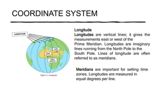 COORDINATE SYSTEM
Longitude
Longitudes are vertical lines; it gives the
measurements east or west of the
Prime Meridian. Longitudes are imaginary
lines running from the North Pole to the
South Pole. Lines of longitude are often
referred to as meridians.
Meridians are important for setting time
zones. Longitudes are measured in
equal degrees per line.
 