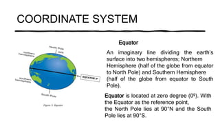 COORDINATE SYSTEM
Equator
An imaginary line dividing the earth’s
surface into two hemispheres; Northern
Hemisphere (half of the globe from equator
to North Pole) and Southern Hemisphere
(half of the globe from equator to South
Pole).
Equator is located at zero degree (0º). With
the Equator as the reference point,
the North Pole lies at 90°N and the South
Pole lies at 90°S.
 