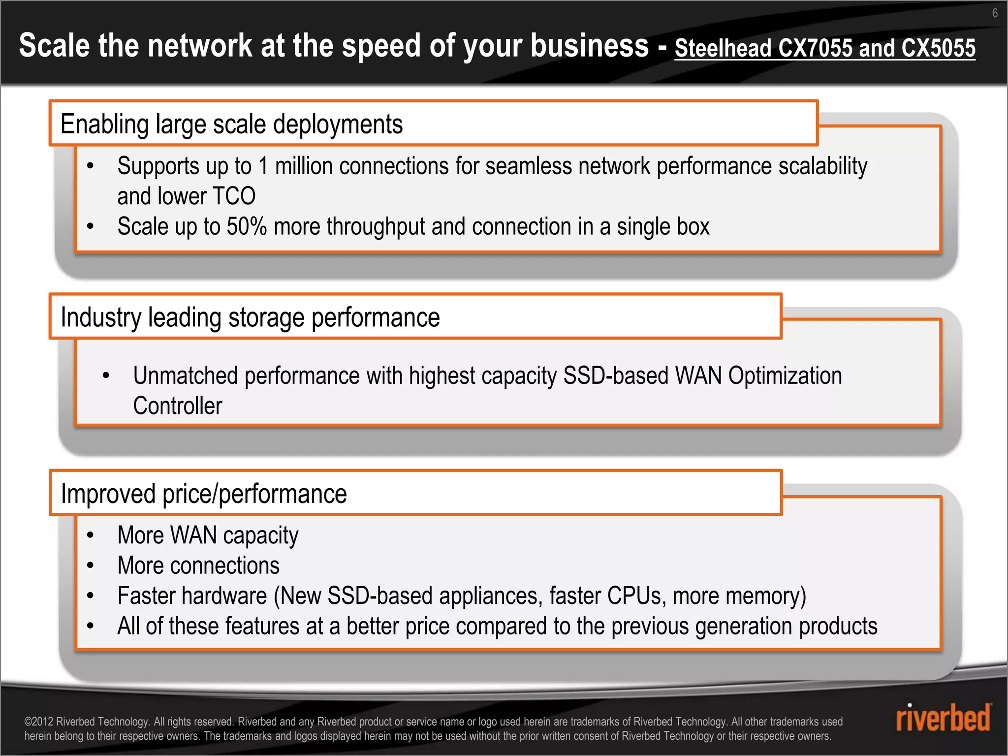 6


Scale the network at the speed of your business - Steelhead CX7055 and CX5055

       Enabling large scale deployments
             • Supports up to 1 million connections for seamless network performance scalability
               and lower TCO
             • Scale up to 50% more throughput and connection in a single box


       Industry leading storage performance

                 • Unmatched performance with highest capacity SSD-based WAN Optimization
                   Controller


        Improved price/performance
             •      More WAN capacity
             •      More connections
             •      Faster hardware (New SSD-based appliances, faster CPUs, more memory)
             •      All of these features at a better price compared to the previous generation products


©2012 Riverbed Technology. All rights reserved. Riverbed and any Riverbed product or service name or logo used herein are trademarks of Riverbed Technology. All other trademarks used
herein belong to their respective owners. The trademarks and logos displayed herein may not be used without the prior written consent of Riverbed Technology or their respective owners.
 