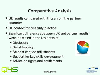 UK results compared with those from the partner countries UK context for disability practice Significant differences between UK and partner results were identified in the key areas of: Disclosure Self Advocacy Student centred adjustments Support for key skills development Advice on rights and entitlements Comparative Analysis 