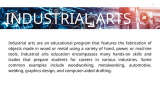 Contact
About Us
Service
Home
INDUSTRIAL ARTS
Learn More
Industrial arts are an educational program that features the fabrication of
objects made in wood or metal using a variety of hand, power, or machine
tools. Industrial arts education encompasses many hands-on skills and
trades that prepare students for careers in various industries. Some
common examples include woodworking, metalworking, automotive,
welding, graphics design, and computer-aided drafting.
 