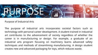 Contact
About Us
Service
Home
PURPOSE
Learn More
Purpose of Industrial Arts
The purpose of industrial arts incorporates societal factors such as
technology with personal career development. A student trained in industrial
art contributes to the advancement of society regardless of whether the
career is in manufacturing or design. For example, a graduate of an
industrial arts program focusing on machinery learns advanced safety
techniques and methods of streamlining manufacturing. A design student
creates new and advanced packaging for toys, which reduces waste.
 