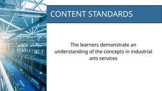 Contact
About Us
Service
Home
CONTENT STANDARDS
The learners demonstrate an
understanding of the concepts in industrial
arts services
 