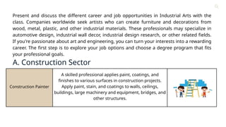 Construction Painter
A skilled professional applies paint, coatings, and
finishes to various surfaces in construction projects.
Apply paint, stain, and coatings to walls, ceilings,
buildings, large machinery and equipment, bridges, and
other structures.
Contact
About Us
Service
Home
Learn More
A. Construction Sector
Present and discuss the different career and job opportunities in Industrial Arts with the
class. Companies worldwide seek artists who can create furniture and decorations from
wood, metal, plastic, and other industrial materials. These professionals may specialize in
automotive design, industrial wall decor, industrial design research, or other related fields.
If you're passionate about art and engineering, you can turn your interests into a rewarding
career. The first step is to explore your job options and choose a degree program that fits
your professional goals.
 