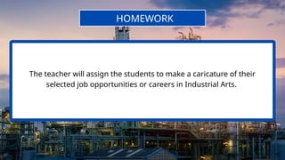 HOMEWORK
The teacher will assign the students to make a caricature of their
selected job opportunities or careers in Industrial Arts.
 