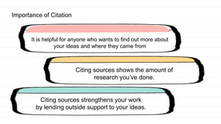 Importance of Citation
It is helpful for anyone who wants to find out more about
your ideas and where they came from
Citing sources shows the amount of
research you’ve done.
Citing sources strengthens your work
by lending outside support to your ideas.
 