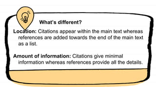 What’s different?
Location: Citations appear within the main text whereas
references are added towards the end of the main text
as a list.
Amount of information: Citations give minimal
information whereas references provide all the details.
 