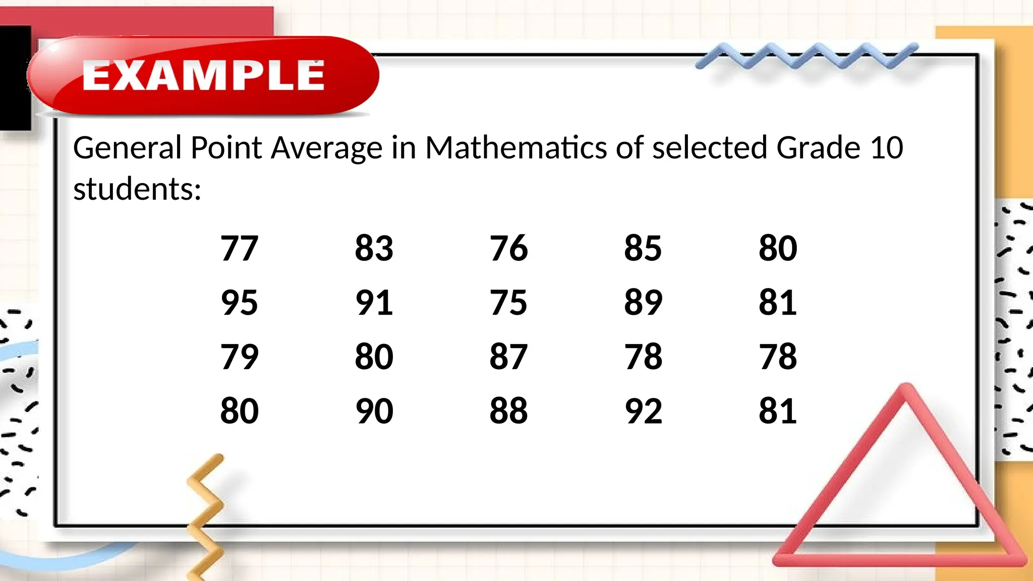General Point Average in Mathematics of selected Grade 10
students:
77 83 76 85 80
95 91 75 89 81
79 80 87 78 78
80 90 88 92 81
 