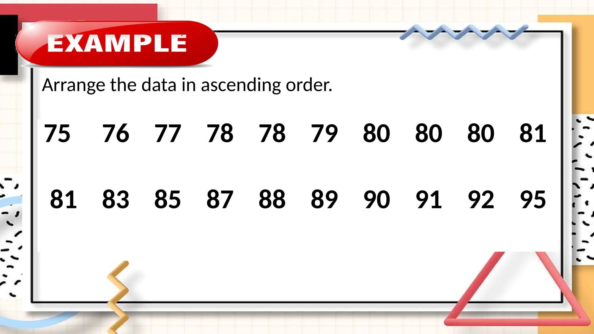 Arrange the data in ascending order.
75 76 77 78 78 79 80 80 80 81
81 83 85 87 88 89 90 91 92 95
 
