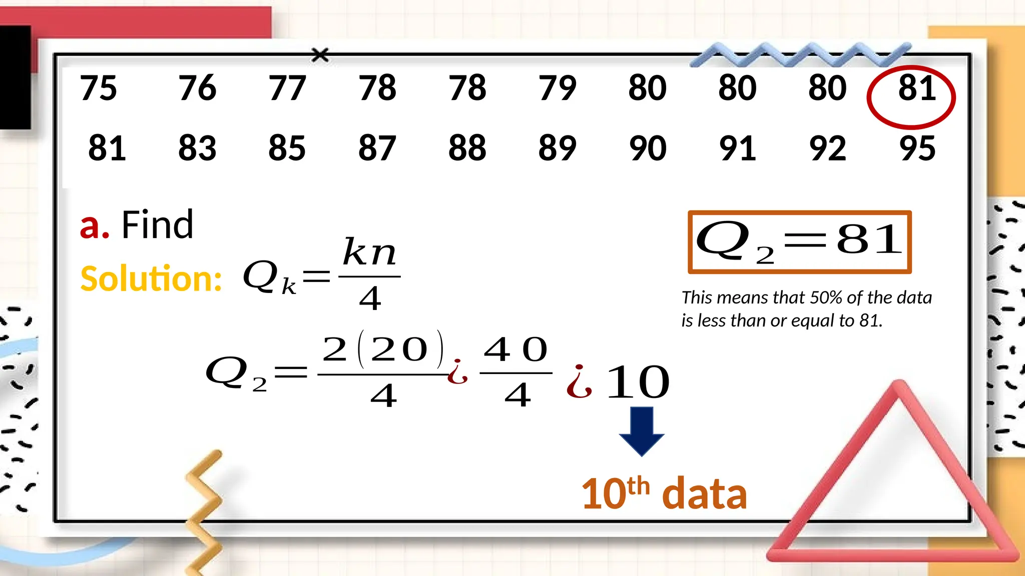 a. Find
75 76 77 78 78 79 80 80 80 81
81 83 85 87 88 89 90 91 92 95
Solution: 𝑄𝑘=
𝑘𝑛
4
𝑄2=
2 (20 )
4
¿
4 0
4 ¿ 10
10th
data
𝑄2=81
This means that 50% of the data
is less than or equal to 81.
 