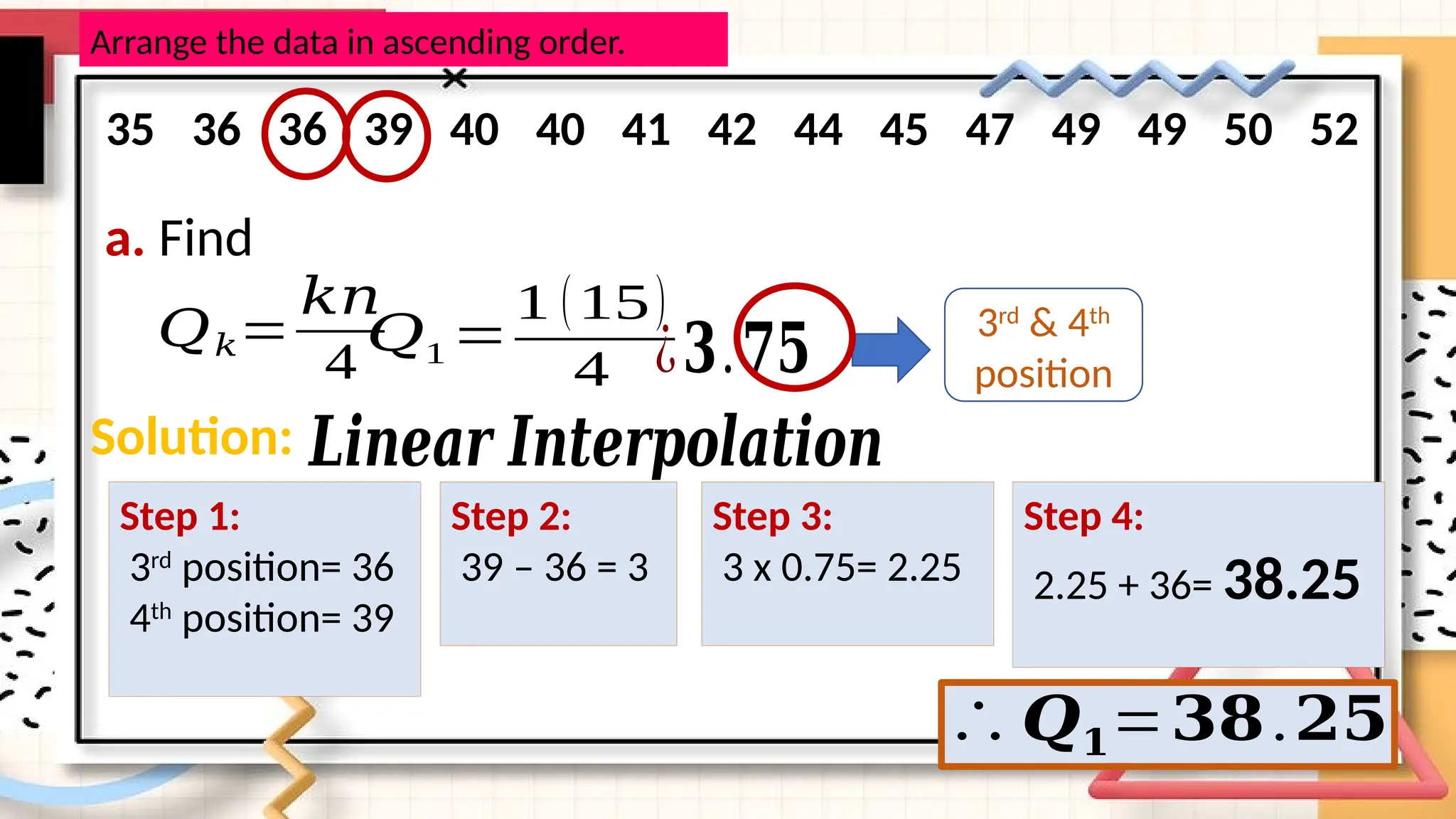 a. Find
𝑄𝑘=
𝑘𝑛
4
𝑄1 =
1 (15)
4 ¿𝟑.𝟕𝟓
Arrange the data in ascending order.
35 36 36 39 40 40 41 42 44 45 47 49 49 50 52
3rd
& 4th
position
Solution: 𝑳𝒊𝒏𝒆𝒂𝒓 𝑰𝒏𝒕𝒆𝒓𝒑𝒐𝒍𝒂𝒕𝒊𝒐𝒏
Step 1:
3rd
position= 36
4th
position= 39
Step 2:
39 – 36 = 3
Step 3:
3 x 0.75= 2.25
Step 4:
2.25 + 36= 38.25
∴𝑸𝟏=𝟑𝟖.𝟐𝟓
 