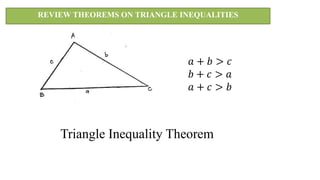 REVIEW THEOREMS ON TRIANGLE INEQUALITIES
𝑎 + 𝑏 > 𝑐
𝑏 + 𝑐 > 𝑎
𝑎 + 𝑐 > 𝑏
Triangle Inequality Theorem
 