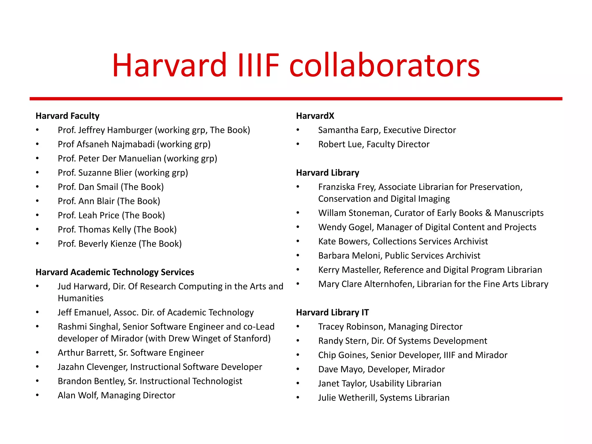Harvard IIIF collaborators
Harvard Faculty
• Prof. Jeffrey Hamburger (working grp, The Book)
• Prof Afsaneh Najmabadi (working grp)
• Prof. Peter Der Manuelian (working grp)
• Prof. Suzanne Blier (working grp)
• Prof. Dan Smail (The Book)
• Prof. Ann Blair (The Book)
• Prof. Leah Price (The Book)
• Prof. Thomas Kelly (The Book)
• Prof. Beverly Kienze (The Book)
Harvard Academic Technology Services
• Jud Harward, Dir. Of Research Computing in the Arts and
Humanities
• Jeff Emanuel, Assoc. Dir. of Academic Technology
• Rashmi Singhal, Senior Software Engineer and co-Lead
developer of Mirador (with Drew Winget of Stanford)
• Arthur Barrett, Sr. Software Engineer
• Jazahn Clevenger, Instructional Software Developer
• Brandon Bentley, Sr. Instructional Technologist
• Alan Wolf, Managing Director
HarvardX
• Samantha Earp, Executive Director
• Robert Lue, Faculty Director
Harvard Library
• Franziska Frey, Associate Librarian for Preservation,
Conservation and Digital Imaging
• Willam Stoneman, Curator of Early Books & Manuscripts
• Wendy Gogel, Manager of Digital Content and Projects
• Kate Bowers, Collections Services Archivist
• Barbara Meloni, Public Services Archivist
• Kerry Masteller, Reference and Digital Program Librarian
• Mary Clare Alternhofen, Librarian for the Fine Arts Library
Harvard Library IT
• Tracey Robinson, Managing Director
• Randy Stern, Dir. Of Systems Development
• Chip Goines, Senior Developer, IIIF and Mirador
• Dave Mayo, Developer, Mirador
• Janet Taylor, Usability Librarian
• Julie Wetherill, Systems Librarian
 