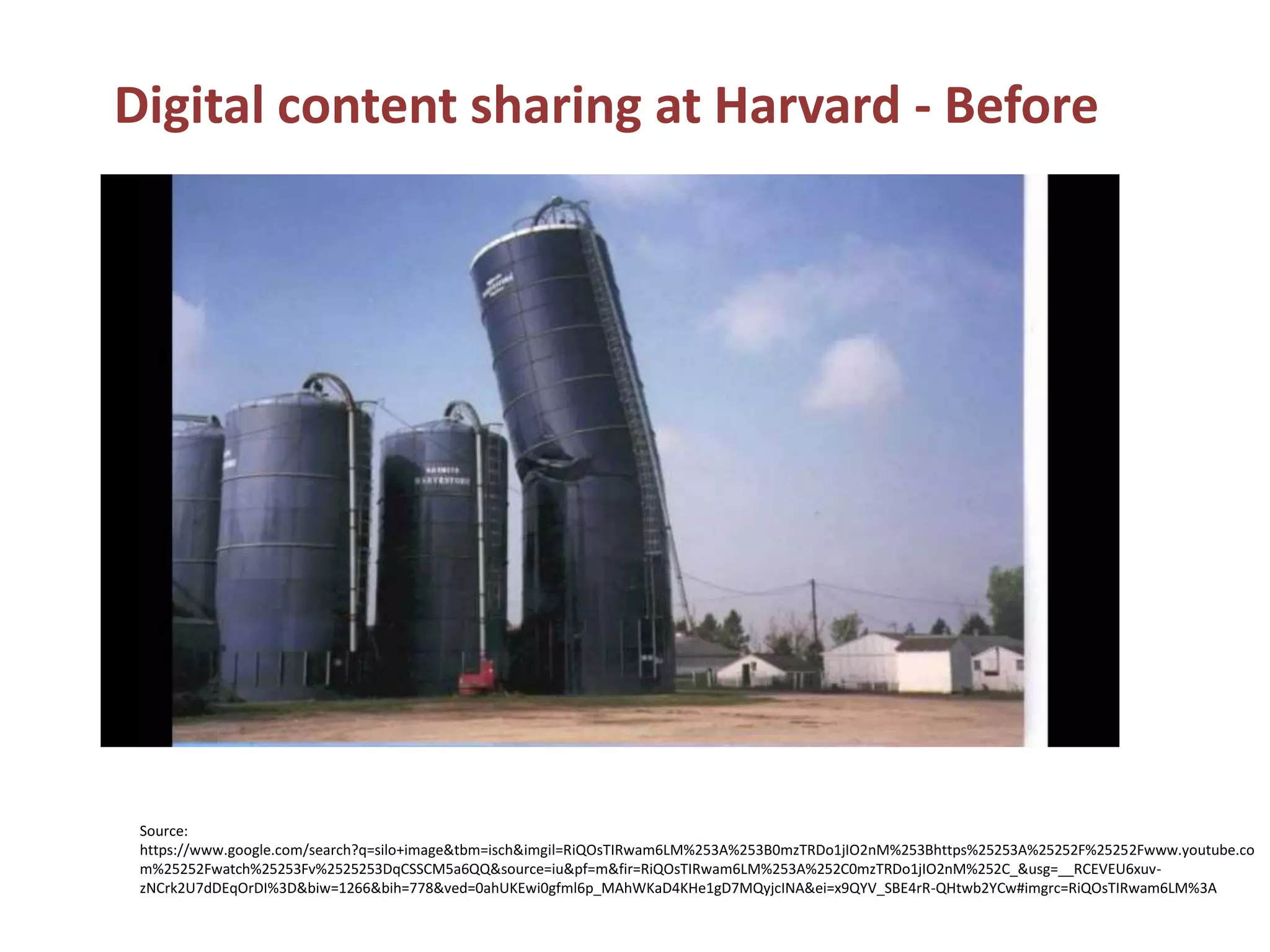 Source:
https://www.google.com/search?q=silo+image&tbm=isch&imgil=RiQOsTIRwam6LM%253A%253B0mzTRDo1jIO2nM%253Bhttps%25253A%25252F%25252Fwww.youtube.co
m%25252Fwatch%25253Fv%2525253DqCSSCM5a6QQ&source=iu&pf=m&fir=RiQOsTIRwam6LM%253A%252C0mzTRDo1jIO2nM%252C_&usg=__RCEVEU6xuv-
zNCrk2U7dDEqOrDI%3D&biw=1266&bih=778&ved=0ahUKEwi0gfml6p_MAhWKaD4KHe1gD7MQyjcINA&ei=x9QYV_SBE4rR-QHtwb2YCw#imgrc=RiQOsTIRwam6LM%3A
Digital content sharing at Harvard - Before
 