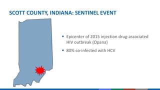 SCOTT COUNTY, INDIANA: SENTINEL EVENT
 Epicenter of 2015 injection drug-associated
HIV outbreak (Opana)
 80% co-infected with HCV
 