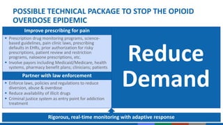 POSSIBLE TECHNICAL PACKAGE TO STOP THE OPIOID
OVERDOSE EPIDEMIC
Rigorous, real-time monitoring with adaptive response
Improve prescribing for pain
Reduce
Demand
 Prescription drug monitoring programs, science-
based guidelines, pain clinic laws, prescribing
defaults in EHRs, prior authorization for risky
prescriptions, patient review and restriction
programs, naloxone prescriptions, etc.
 Involve payors including Medicaid/Medicare, health
systems, pharmacy benefit plans; clinicians; patients
Partner with law enforcement
 Enforce laws, policies and regulations to reduce
diversion, abuse & overdose
 Reduce availability of illicit drugs
 Criminal justice system as entry point for addiction
treatment
 