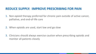 REDUCE SUPPLY: IMPROVE PRESCRIBING FOR PAIN
1. Non-opioid therapy preferred for chronic pain outside of active cancer,
palliative, and end-of-life care
2. When opioids are used, start low and go slow
3. Clinicians should always exercise caution when prescribing opioids and
monitor all patients closely
 