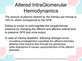 Altered IntraGlomerular
Hemodynamics
The amount of plasma cleared by the kidneys per minute is
120 ml, which corresponds to the GFR.
Kidney is known to auto-regulate the intraglomerular
pressure by changing the afferent and efferent arterial tone
to preserve GFR and urine output.
In case of volume depletion, following changes occur:

circulating prostaglandins vasodilate the afferent arterioles,
allowing more blood to flow through the glomerulus;

while angiotensin-II causes vasoconstriction of the efferent
arterioles
 