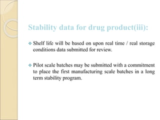 Stability data for drug product(iii):
 Shelf life will be based on upon real time / real storage
conditions data submitted for review.
 Pilot scale batches may be submitted with a commitment
to place the first manufacturing scale batches in a long
term stability program.
 