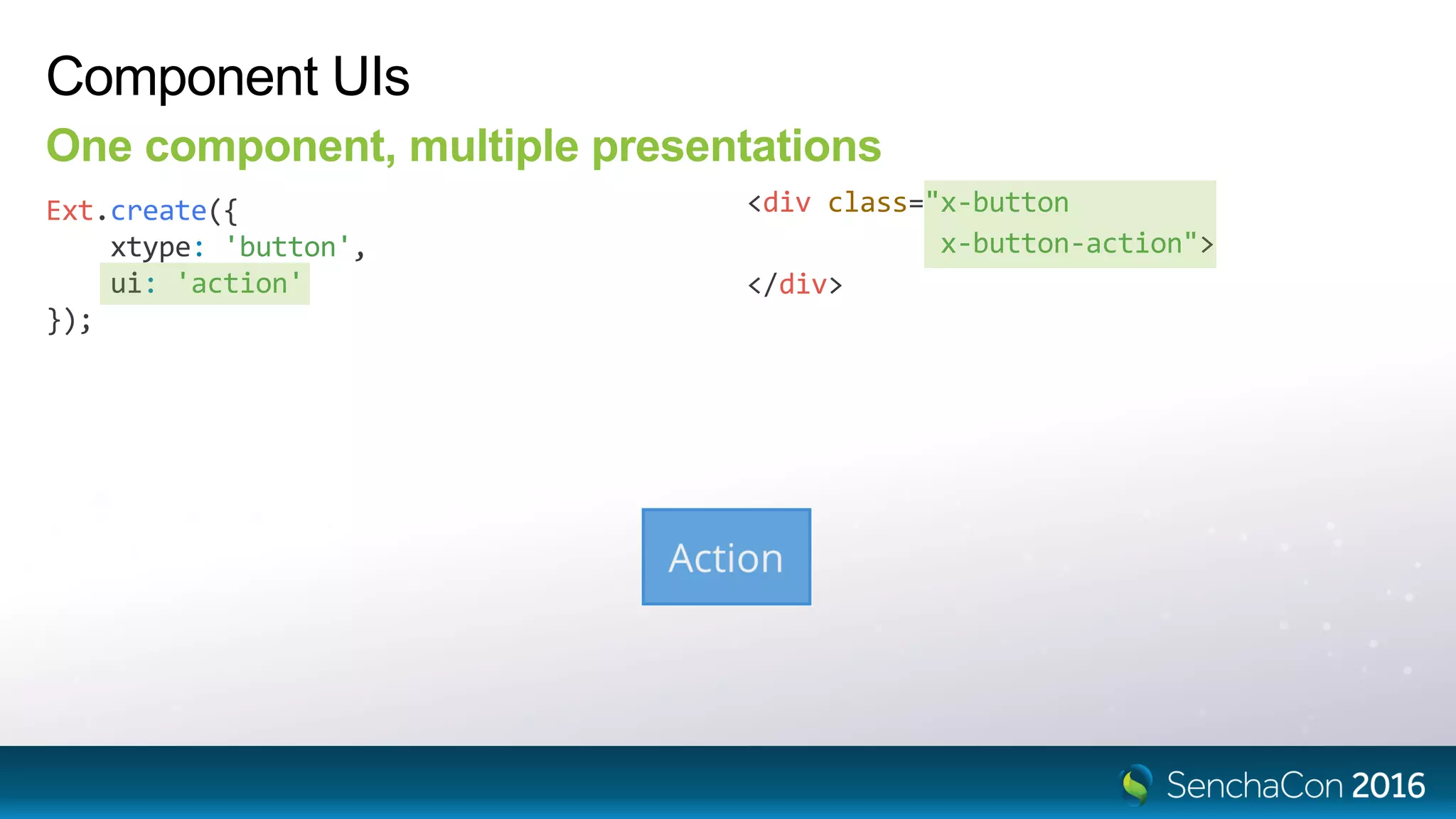 Component UIs
One component, multiple presentations
Ext.create({
xtype: 'button',
ui: 'action'
});
<div class="x-button
x-button-action">
</div>
 