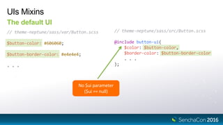 UIs Mixins
The default UI
// theme-neptune/sass/var/Button.scss
$button-color: #606060;
$button-border-color: #e4e4e4;
. . .
// theme-neptune/sass/src/Button.scss
@include button-ui(
$color: $button-color,
$border-color: $button-border-color
. . .
);
No $ui parameter
($ui == null)
 