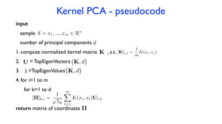 Kernel PCA - pseudocode
input
sample
number of principal components
1. compute normalized kernel matrix , s.t.
2. = TopEigenVectors
3. =TopEigenValues
4. for i=1 to m
for k=1 to d
return matrix of coordinates
d
U
K [K]i,j =
1
m
K(xi, xj)
K, d
S = x1, ..., xm 2 Rn
[⇧]k,i =
1
p
k
mX
t=1
K(xi, xt)Ut,k
⇧
K, d
 