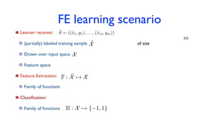 FE learning scenario
Learner receives:
(partially) labeled training sample of size
Drawn over input space
Feature space
Feature Extraction:
Family of functions
Classiﬁcation:
Family of functions
m
˜S = ((˜x1, y1), . . . , (˜xm, ym))
˜X
X
F : ˜X 7! X
H : X 7! { 1, 1}
 