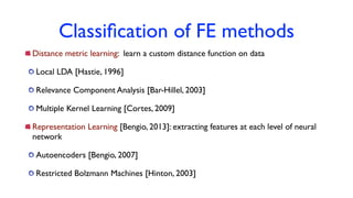Classiﬁcation of FE methods
Distance metric learning: learn a custom distance function on data
Local LDA [Hastie, 1996]
Relevance Component Analysis [Bar-Hillel, 2003]
Multiple Kernel Learning [Cortes, 2009]
Representation Learning [Bengio, 2013]: extracting features at each level of neural
network
Autoencoders [Bengio, 2007]
Restricted Bolzmann Machines [Hinton, 2003]
 