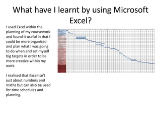 What have I learnt by using Microsoft
                   Excel?
I used Excel within the
planning of my coursework
and found it useful in that I
could be more organised
and plan what I was going
to do when and set myself
big targets in order to be
more creative within my
work.

I realised that Excel isn’t
just about numbers and
maths but can also be used
for time schedules and
planning.
 