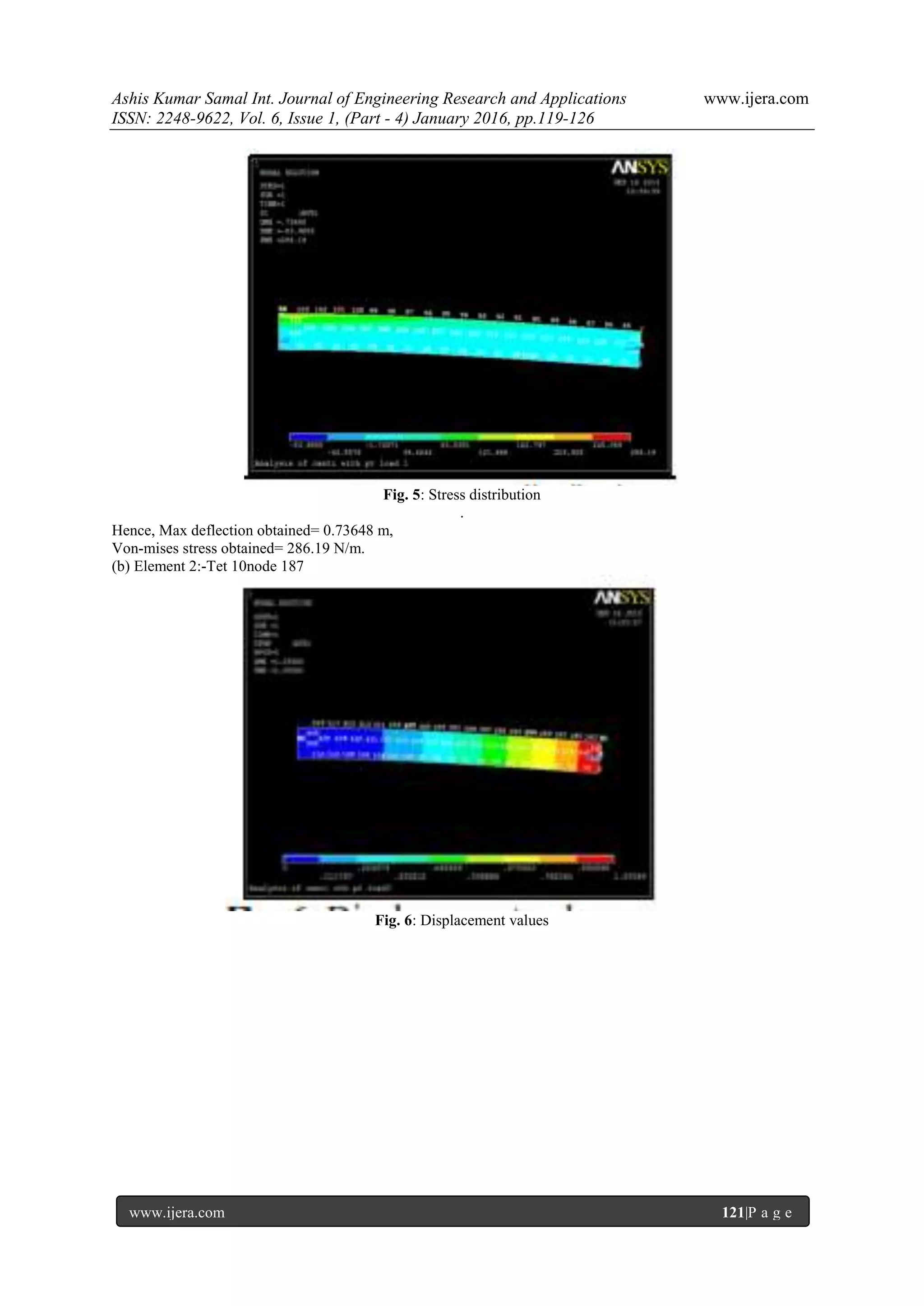 Ashis Kumar Samal Int. Journal of Engineering Research and Applications www.ijera.com
ISSN: 2248-9622, Vol. 6, Issue 1, (Part - 4) January 2016, pp.119-126
www.ijera.com 121|P a g e
Fig. 5: Stress distribution
.
Hence, Max deflection obtained= 0.73648 m,
Von-mises stress obtained= 286.19 N/m.
(b) Element 2:-Tet 10node 187
Fig. 6: Displacement values
 