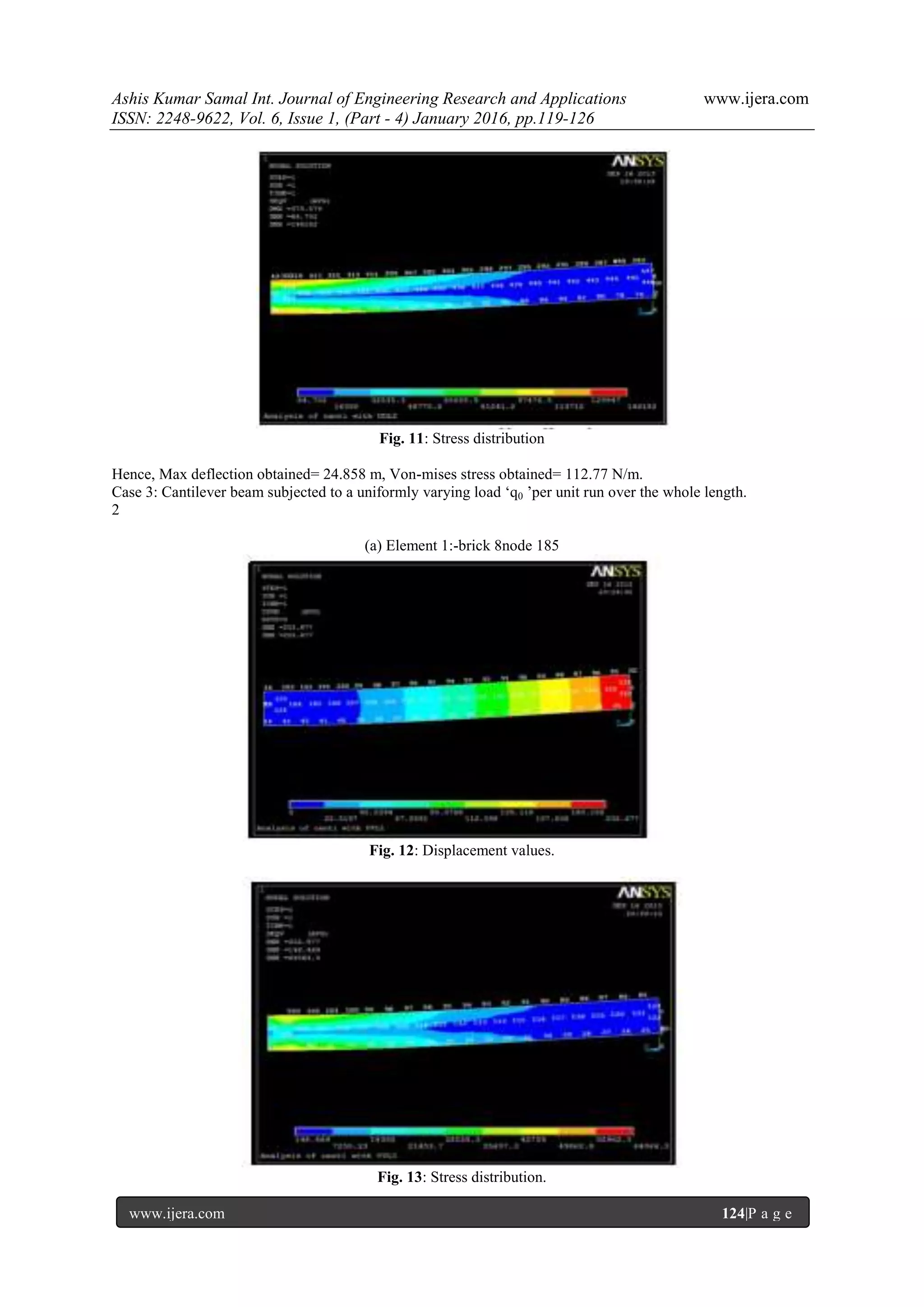 Ashis Kumar Samal Int. Journal of Engineering Research and Applications www.ijera.com
ISSN: 2248-9622, Vol. 6, Issue 1, (Part - 4) January 2016, pp.119-126
www.ijera.com 124|P a g e
Fig. 11: Stress distribution
Hence, Max deflection obtained= 24.858 m, Von-mises stress obtained= 112.77 N/m.
Case 3: Cantilever beam subjected to a uniformly varying load ‘q0 ’per unit run over the whole length.
2
(a) Element 1:-brick 8node 185
Fig. 12: Displacement values.
Fig. 13: Stress distribution.
 