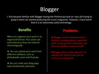 Blogger
I first became familiar with Blogger during the Preliminary task so I was still trying to
grasp it when we started producing the music magazines. However, I have learnt
that it is an extremely useful technology.

You can organise your work in an
organised fashion. Your posts are
easily found as they are ordered
chronologically.

Blogger can be temperamental. I
had one situation where I could not
write a blog post for a few days, but
then the problem resolved itself.

You can upload your work from
different software, such as
photobooth, prezi and Youtube.

Blogger relies on the internet, so
without the internet you cannot
access your blog posts.

You can make your blog page
look aesthetically attractive.

 