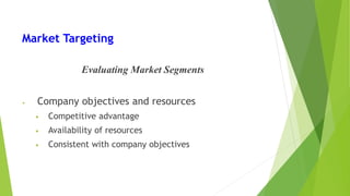 Market Targeting
Evaluating Market Segments
• Company objectives and resources
• Competitive advantage
• Availability of resources
• Consistent with company objectives
 